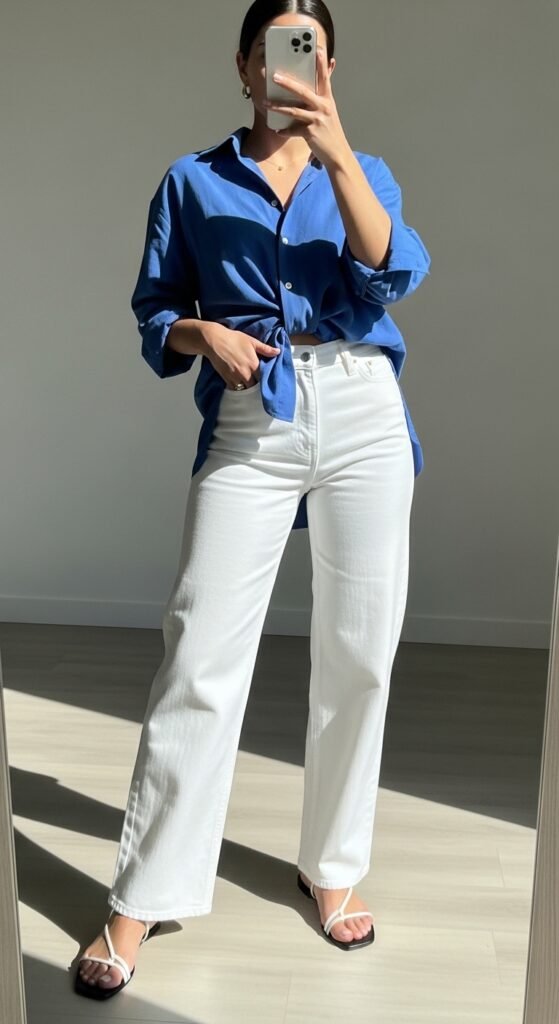 Woman wearing white jeans blue 202605251807