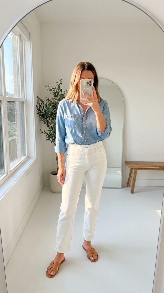 15 Jeans Summer Outfit Ideas That Are Stylish and Easy to Recreate 6 Woman wearing white jeans blue 202605311441