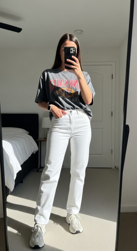 Woman wearing white jeans graphi… 202605251820