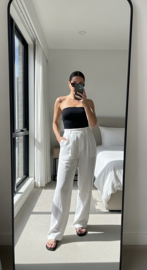 Woman wearing white linen pants 202605251807
