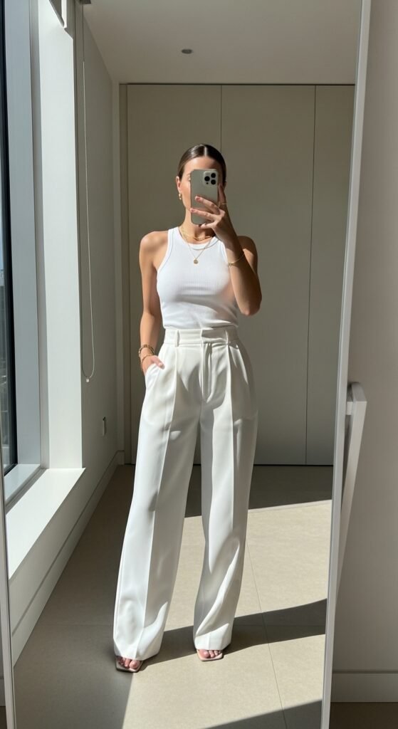 Woman wearing white trousers tan… 202605251808