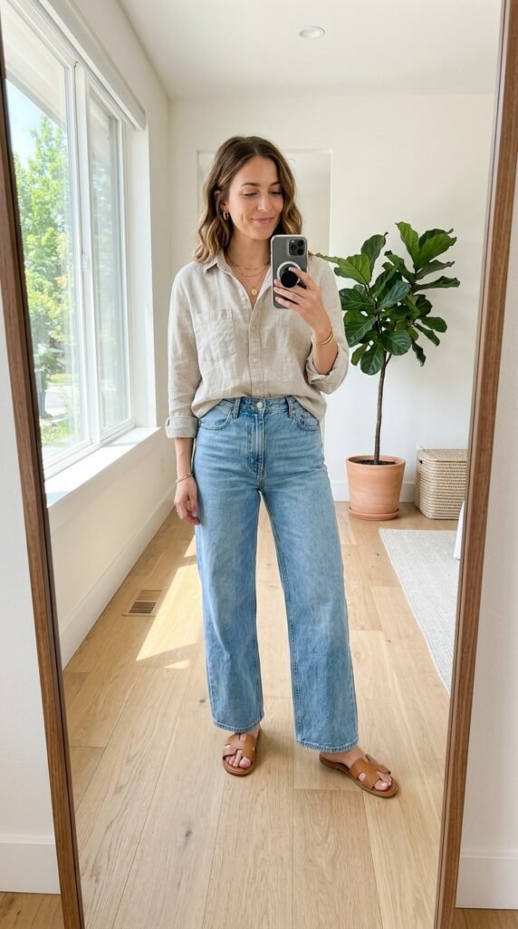 15 Jeans Summer Outfit Ideas That Are Stylish and Easy to Recreate 16 Woman wearing wide leg jeans lin… 202605311450