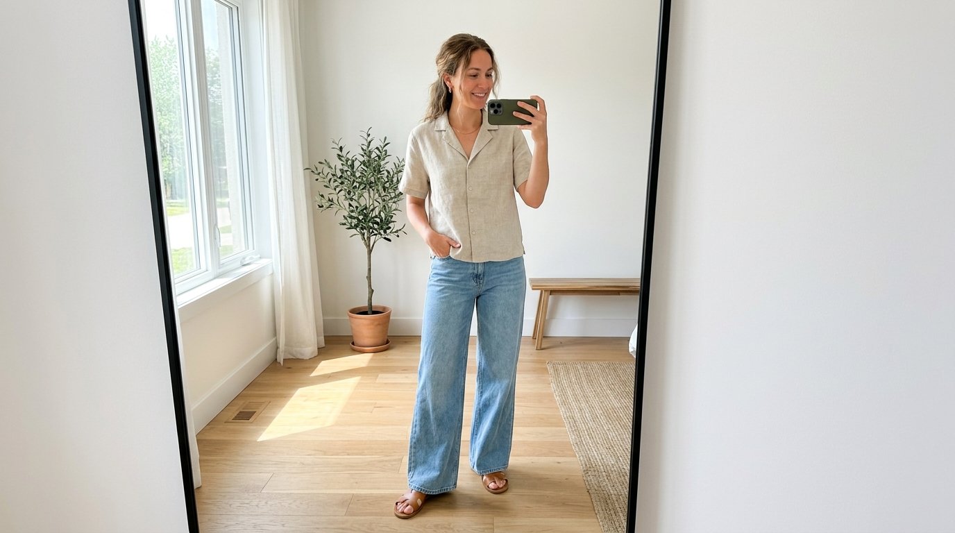 Woman wearing wide leg jeans lin… 202605311454