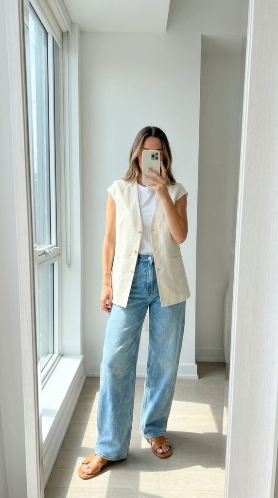 15 Jeans Summer Outfit Ideas That Are Stylish and Easy to Recreate 9 Woman wearing wide leg jeans vest 202605311443