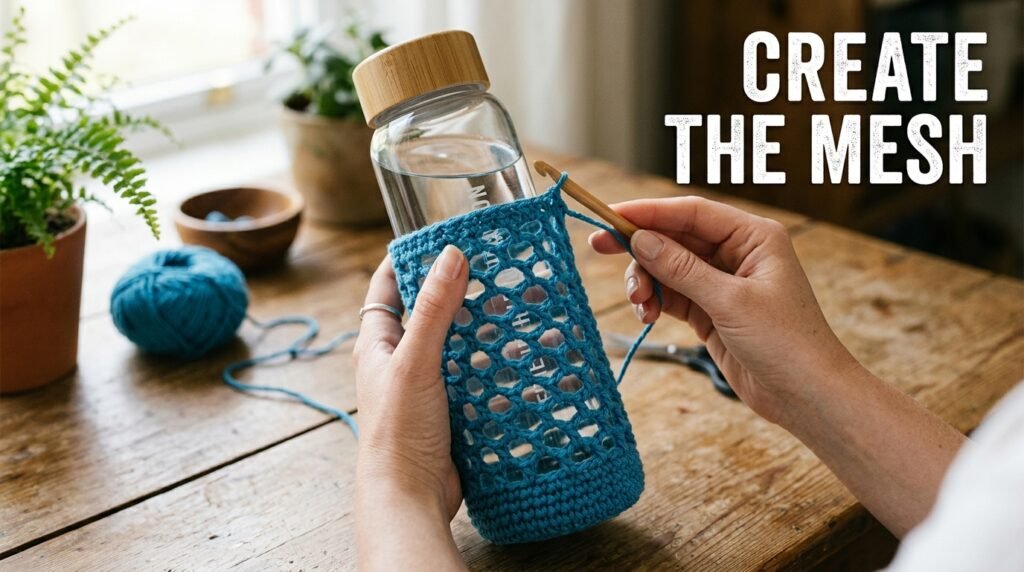 Blue crochet bottle holder mesh 202606131538
