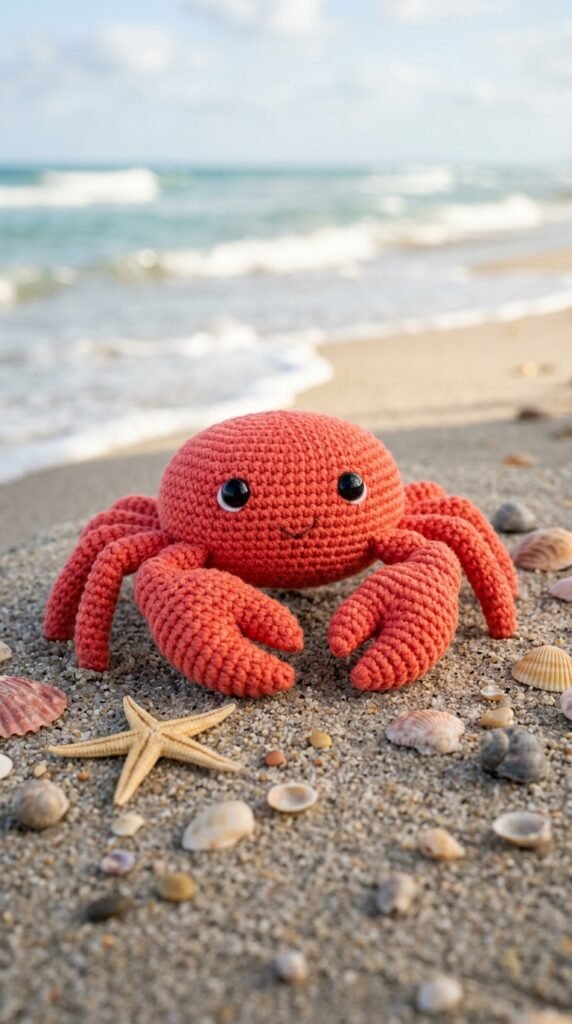 Crochet crab on beach background 202606042355