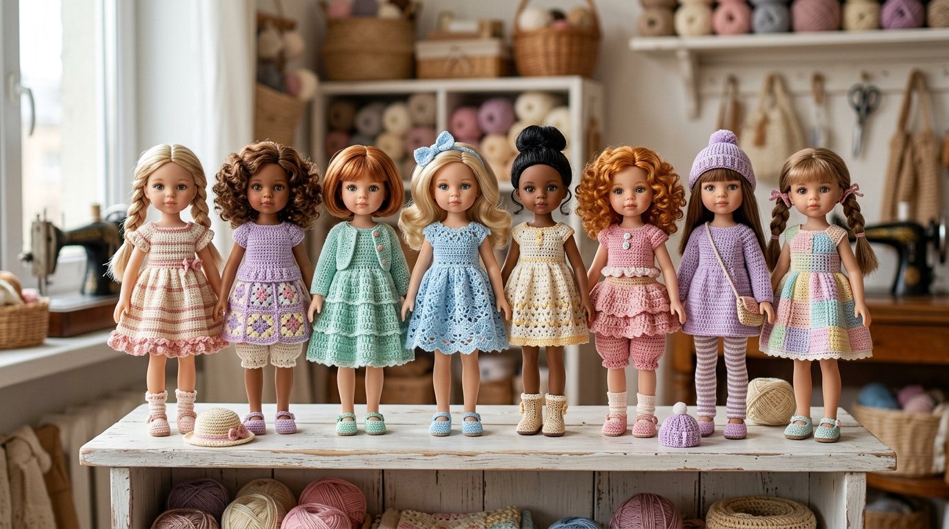 Crochet doll clothes on shelf 202606101530