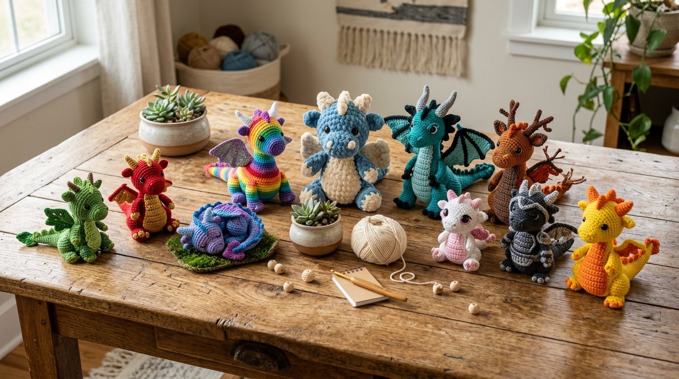 Crochet dragon designs on table 202606031710