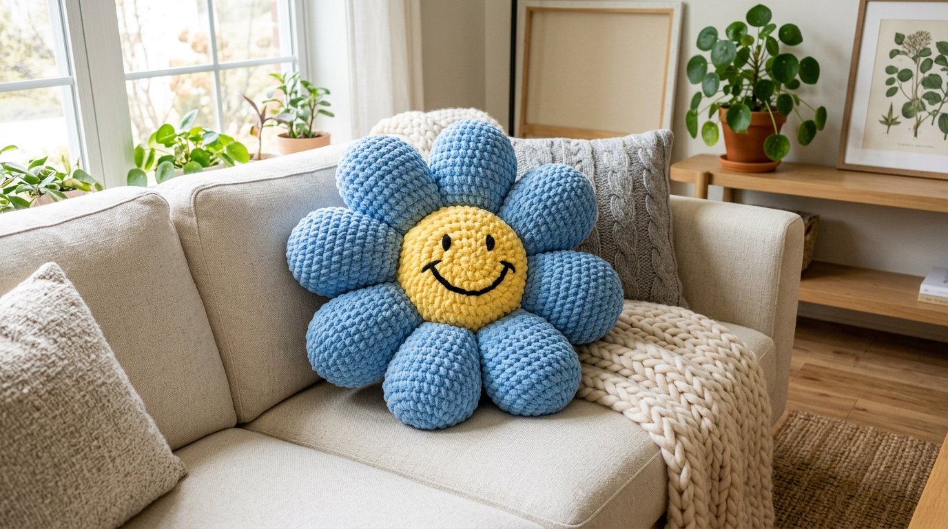 Crochet flower pillow on sofa 202606051840 1