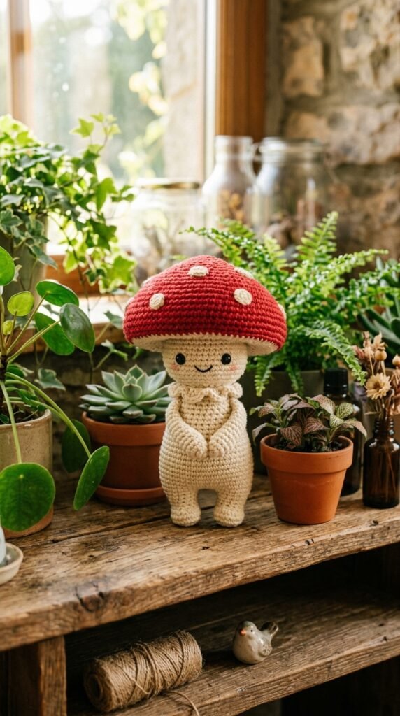 10 Super Cute Crochet Mushroom Pattern Ideas 3 Crochet mushroom character on shelf 202606130059