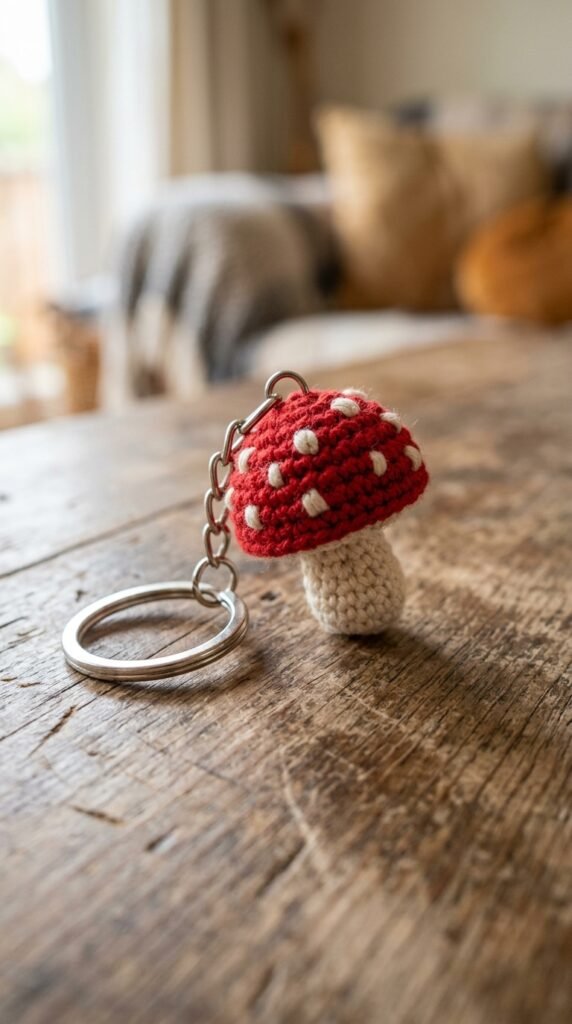 10 Super Cute Crochet Mushroom Pattern Ideas 4 Crochet mushroom keychain on table 202606130100