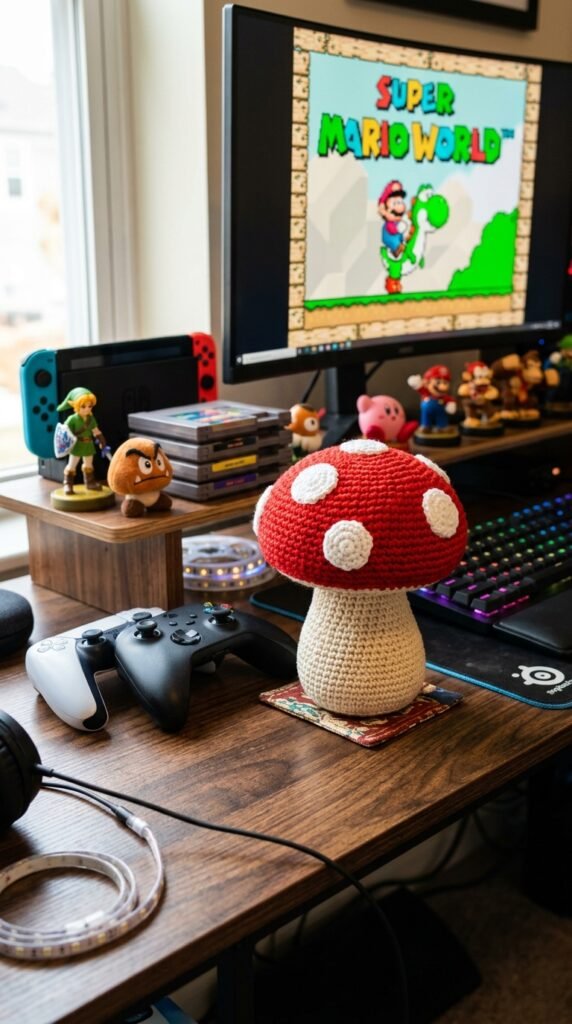 10 Super Cute Crochet Mushroom Pattern Ideas 8 Crochet mushroom on gaming desk 202606130104