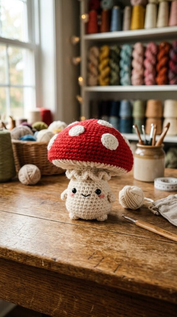 10 Super Cute Crochet Mushroom Pattern Ideas 2 Crochet mushroom on wooden table 202606130058