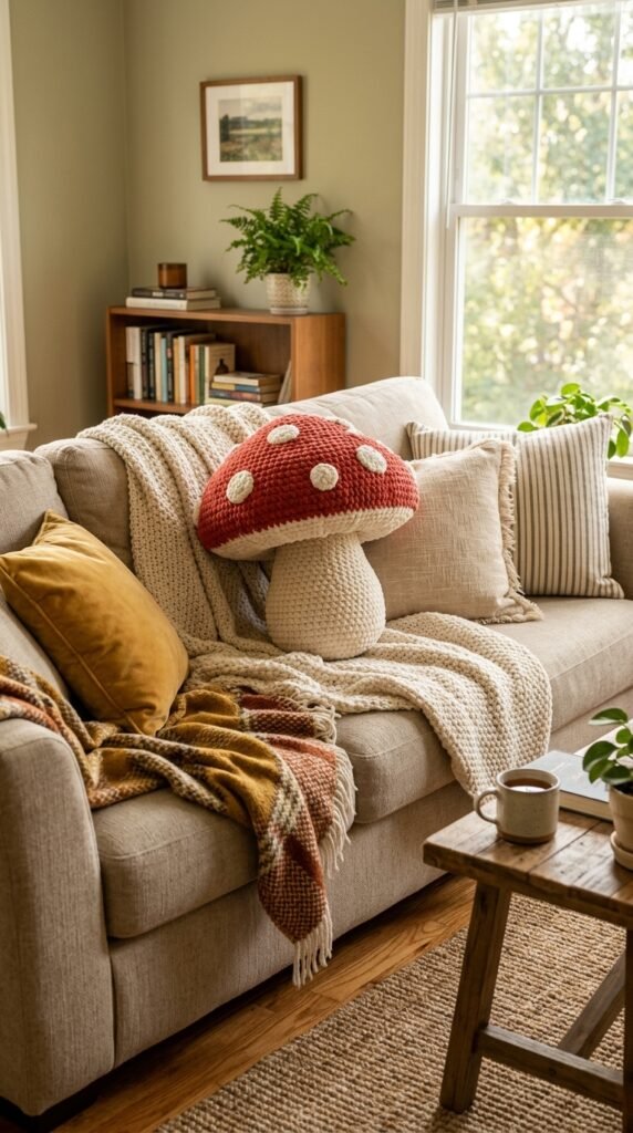 10 Super Cute Crochet Mushroom Pattern Ideas 7 Crochet mushroom pillow on sofa 202606130103