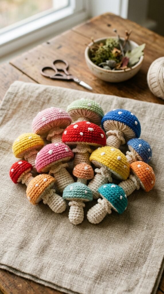 10 Super Cute Crochet Mushroom Pattern Ideas 5 Crochet mushrooms on fabric surface 202606130101