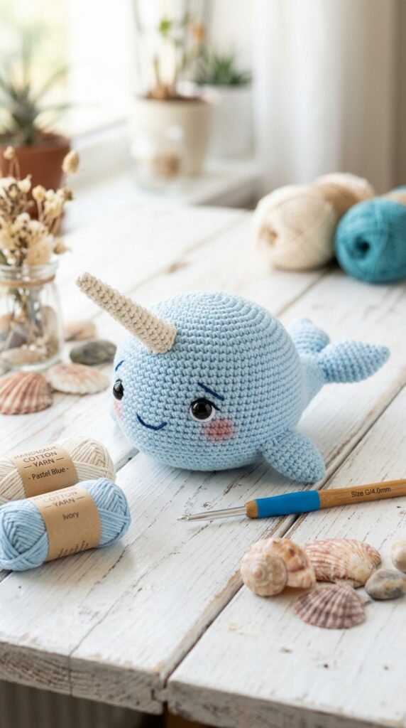 Crochet narwhal amigurumi on table 202606042354