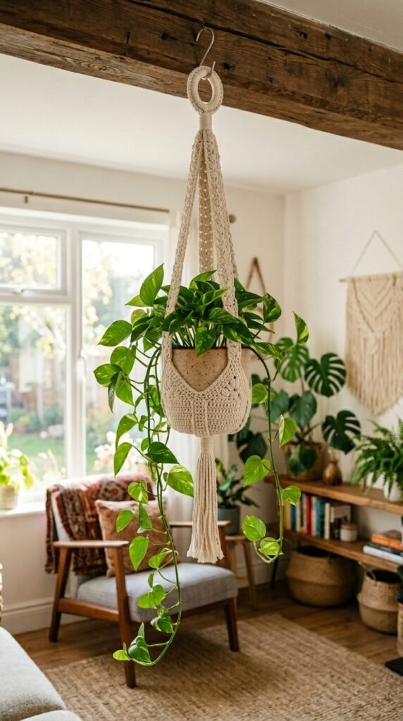 Crochet plant hanger wooden beam 202606171628