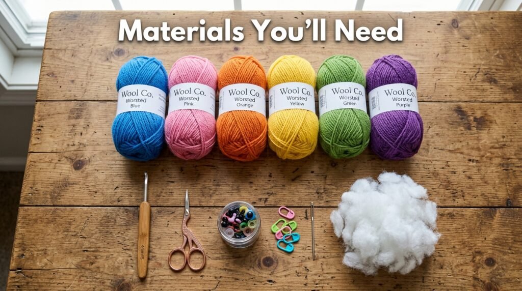 Crochet supplies on wooden table 202606171529