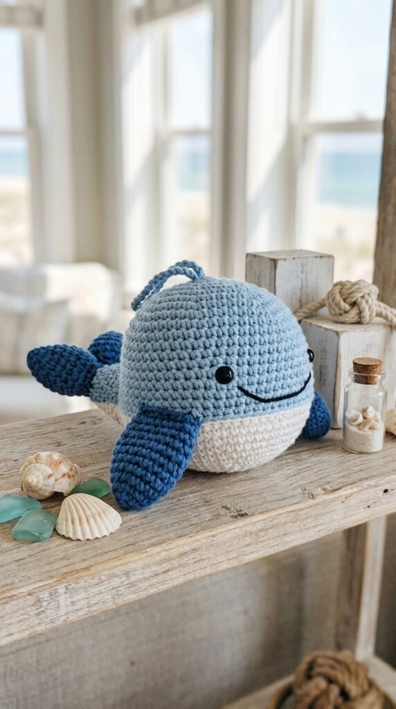 Crochet whale on shelf 202606050017