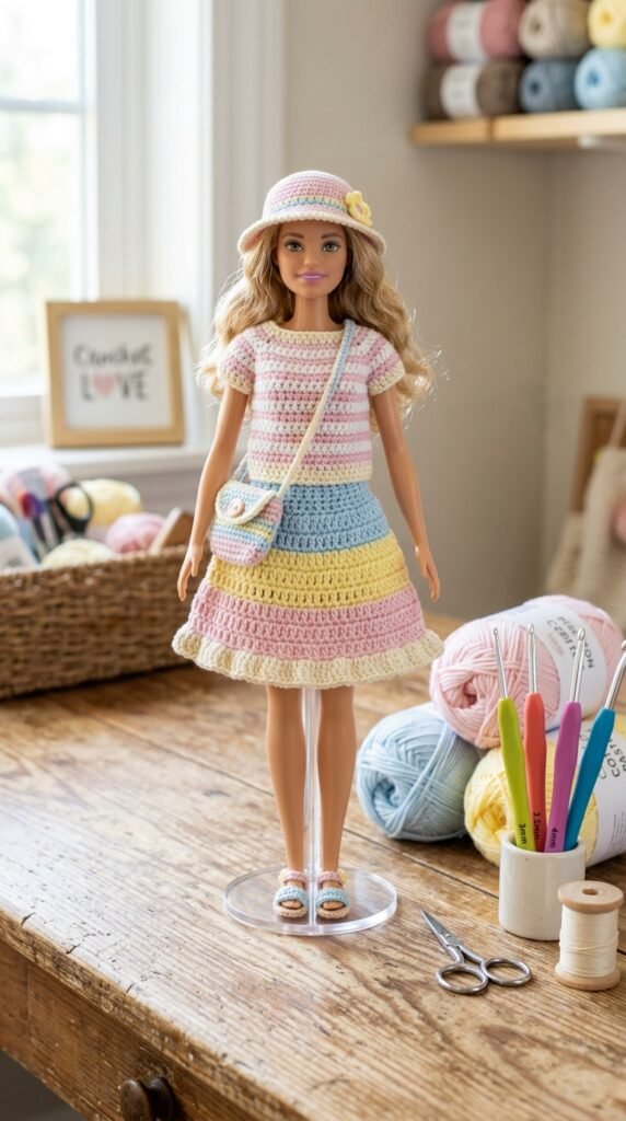 Tiny Wardrobe Magic: 10 Free Crochet Doll Clothes Patterns That Actually Work 11 Doll wearing crochet outfit set 202606101518