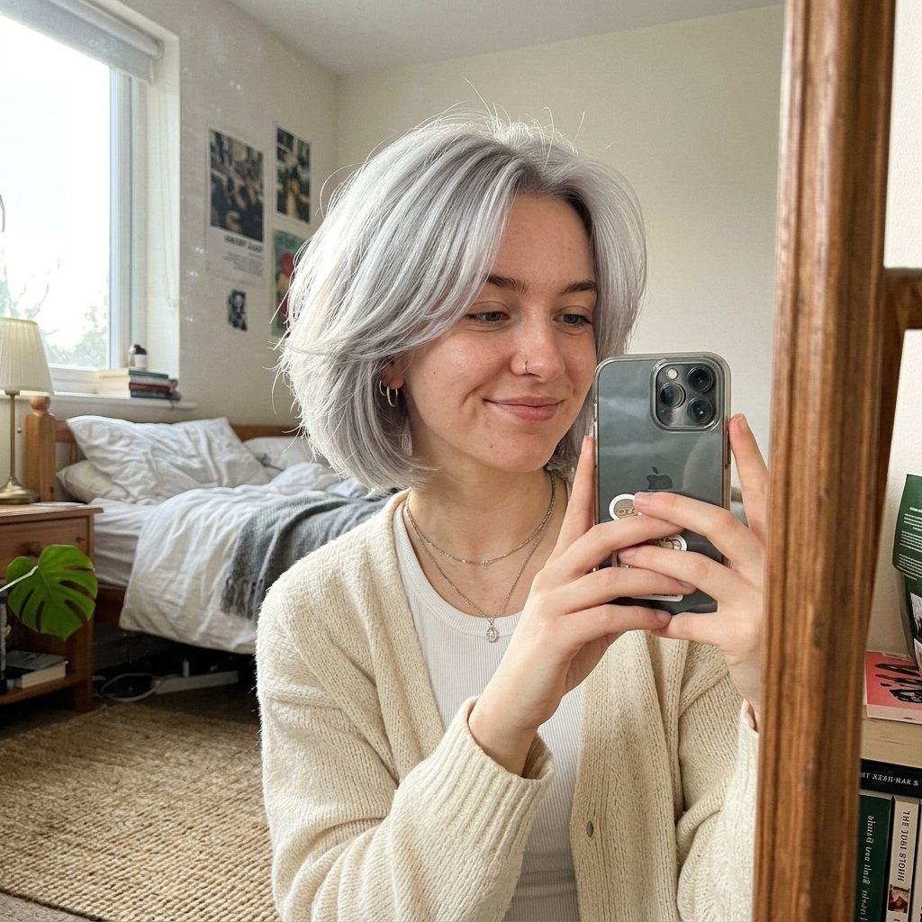 10 Grey Bob Hairstyles That Look Chic, Modern, and Timeless 3 Girl holding iPhone mirror selfie 202606181734