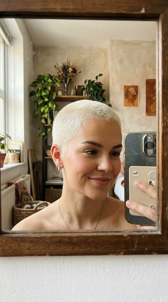 12 Buzz Cut Hairstyles Women Are Loving Right Now 11 Girl taking iPhone selfie 202606202259