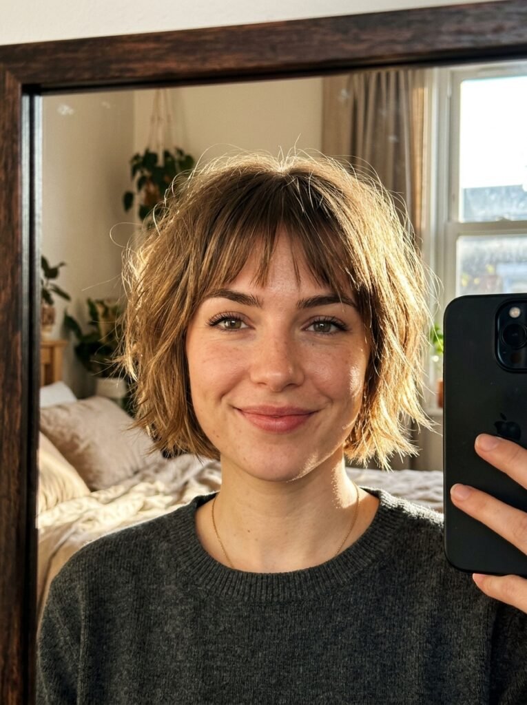 10 Choppy Bob Hairstyles That Add Instant Texture and Style 2 Girl taking mirror selfie 202606240022