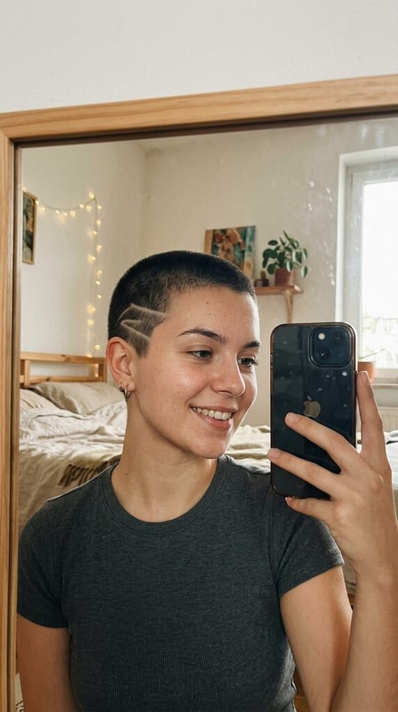 12 Buzz Cut Hairstyles Women Are Loving Right Now 8 Girl taking selfie buzz cut 202606202256
