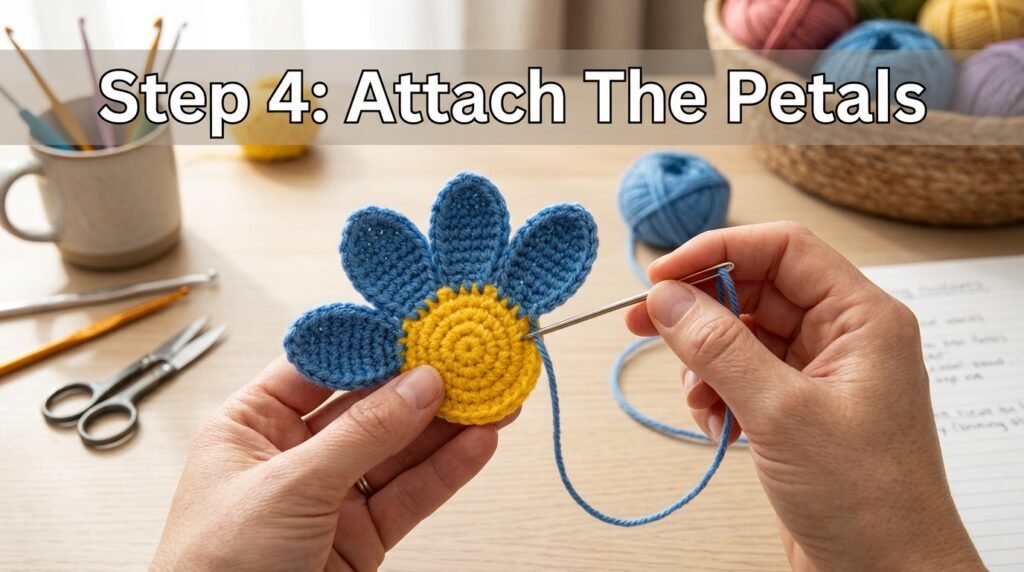 Hands attaching crochet petals 202606051838