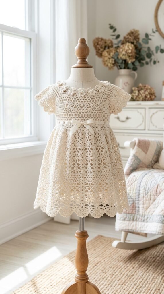 10 Adorable Crochet Baby Dress Patterns You'll Want to Make This Weekend 9 Lace baby dress displayed mannequin 202606031540