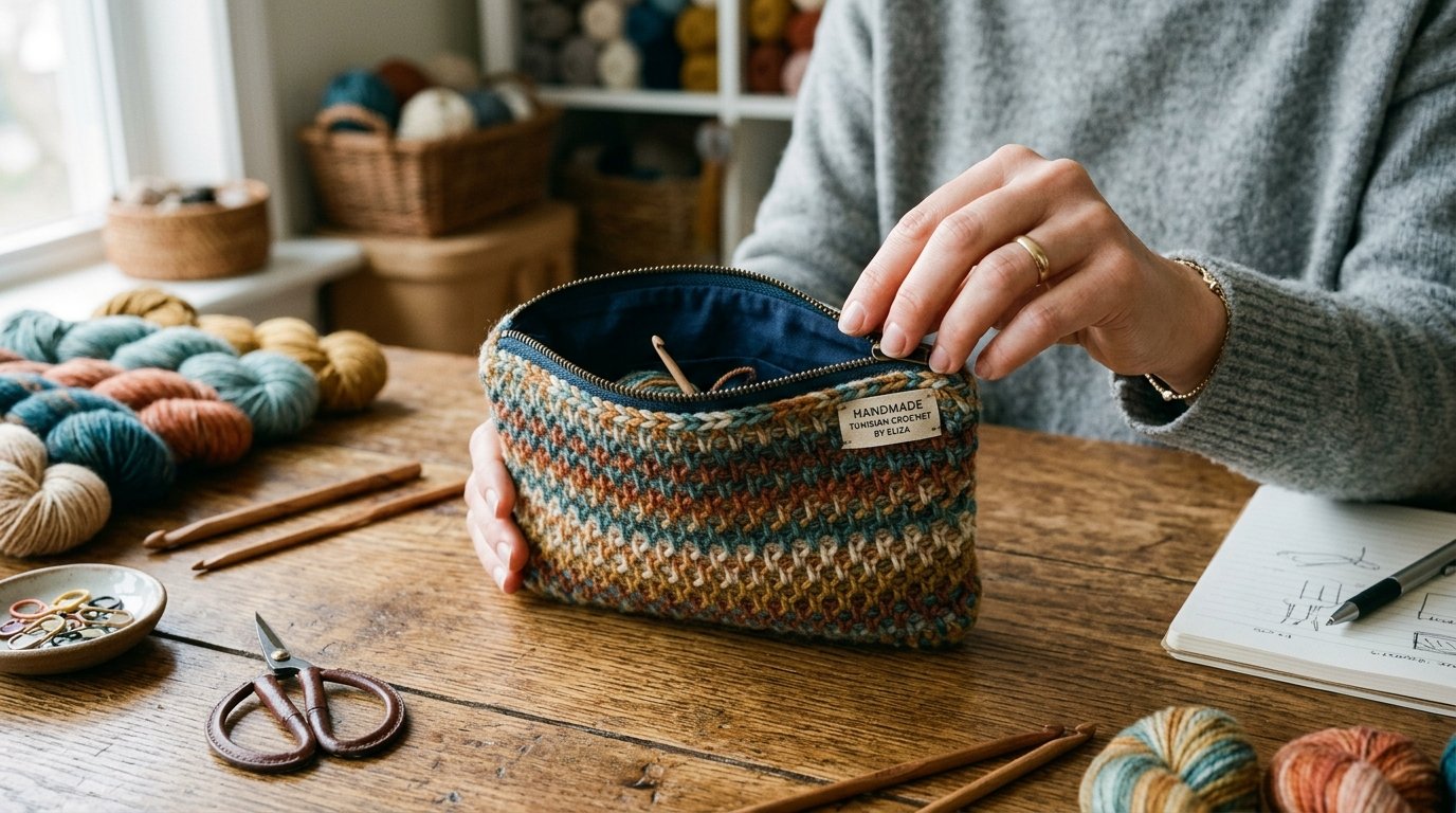 Tunisian crochet pouch displayed 202606131829