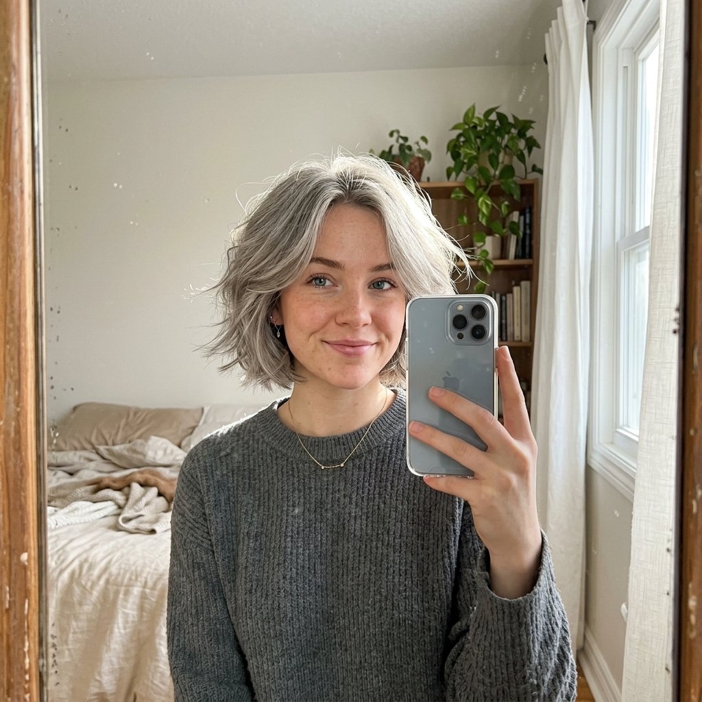 10 Grey Bob Hairstyles That Look Chic, Modern, and Timeless 10 Woman holding iPhone mirror selfie 202606181741