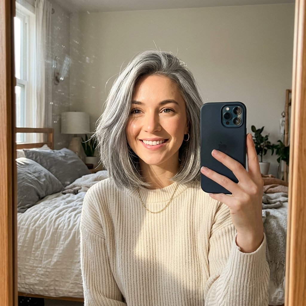 10 Grey Bob Hairstyles That Look Chic, Modern, and Timeless 11 Woman holding iPhone selfie 202606181742