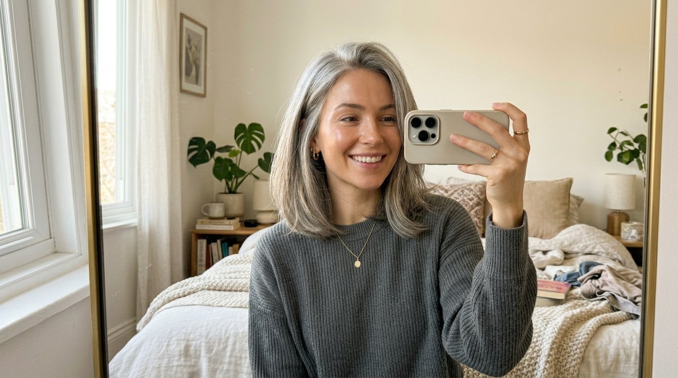 Woman holding iPhone selfie 202606181744