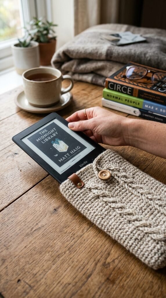 10 Crochet Pouch Pattern Free Ideas You'll Want to Make 7 Woman sliding Kindle into pouch 202606131824