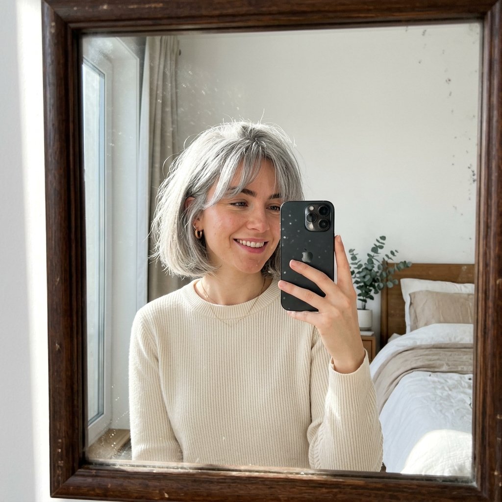 10 Grey Bob Hairstyles That Look Chic, Modern, and Timeless 4 Woman taking iPhone selfie 202606181734