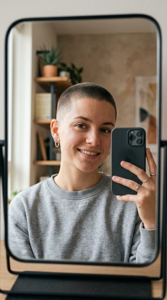 12 Buzz Cut Hairstyles Women Are Loving Right Now 9 Woman taking iPhone selfie 202606202257