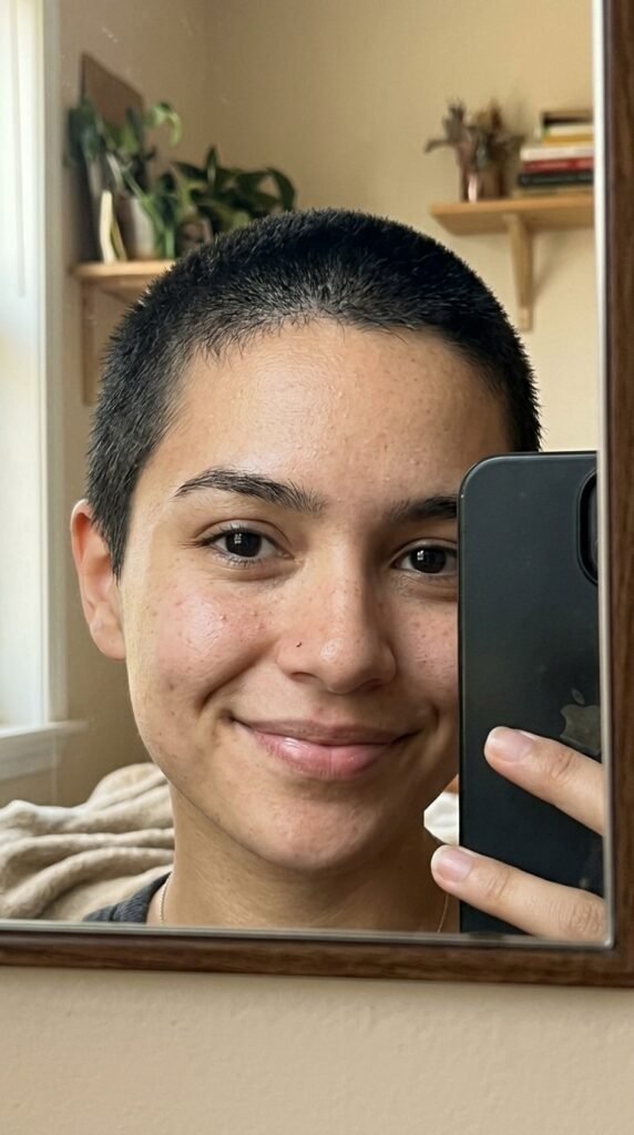 12 Buzz Cut Hairstyles Women Are Loving Right Now 10 Woman taking iPhone selfie 202606202258