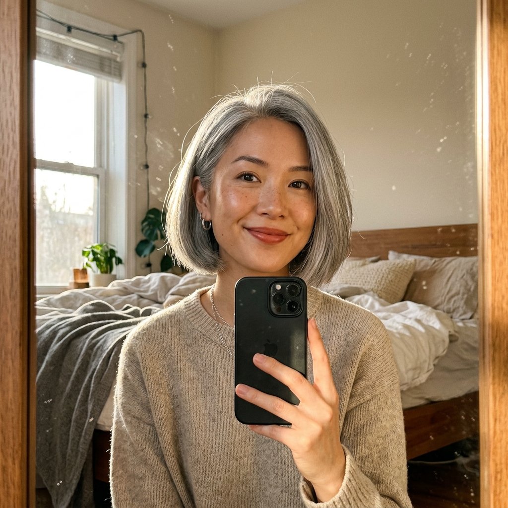 10 Grey Bob Hairstyles That Look Chic, Modern, and Timeless 2 Woman taking mirror selfie 202606181732
