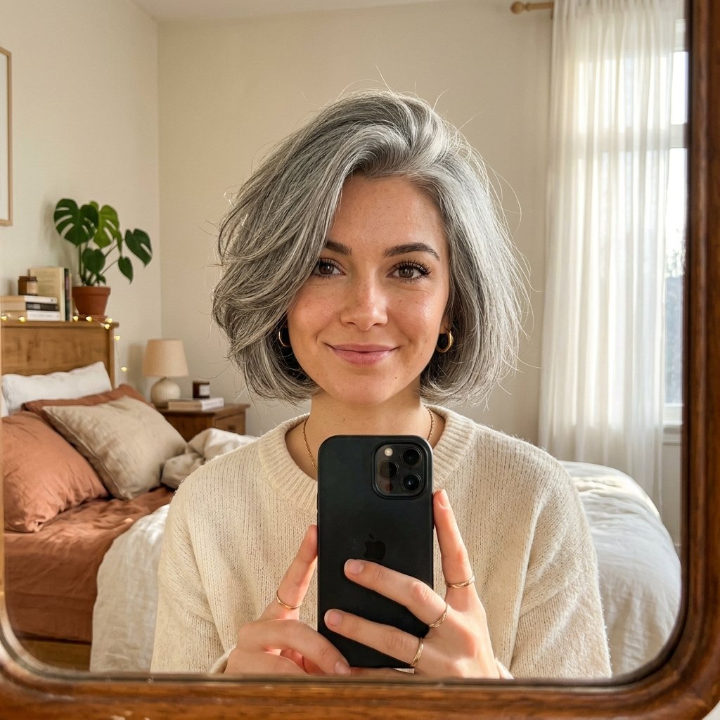 10 Grey Bob Hairstyles That Look Chic, Modern, and Timeless 7 Woman taking mirror selfie 202606181738