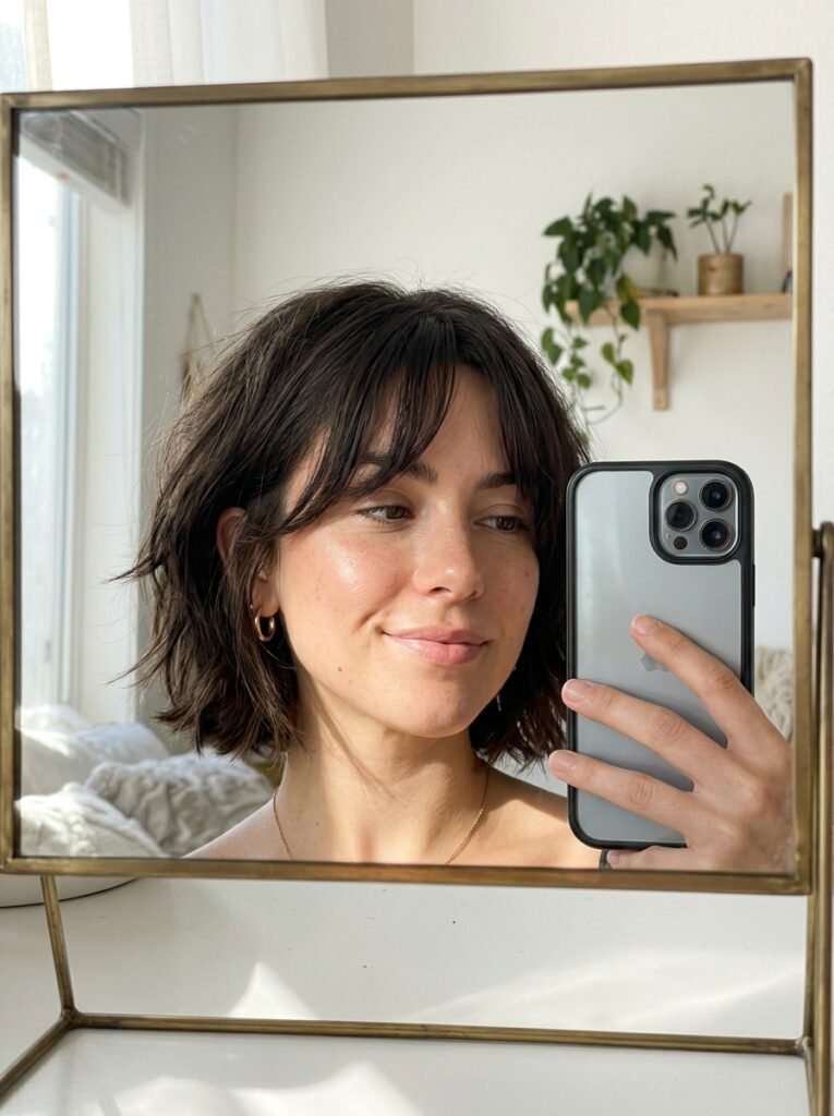 10 Choppy Bob Hairstyles That Add Instant Texture and Style 3 Woman taking mirror selfie 202606240023