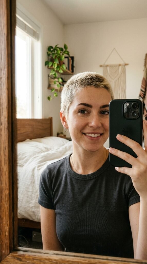12 Buzz Cut Hairstyles Women Are Loving Right Now 6 Woman taking selfie hairstyle 202606202254
