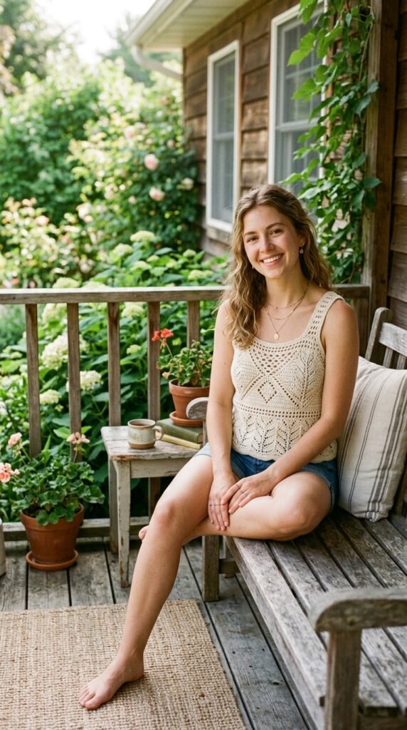 Woman wearing crochet tank 202606191622
