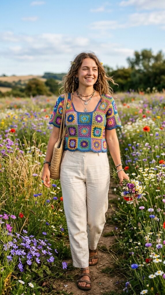 Woman wearing crochet top flower… 202606191624