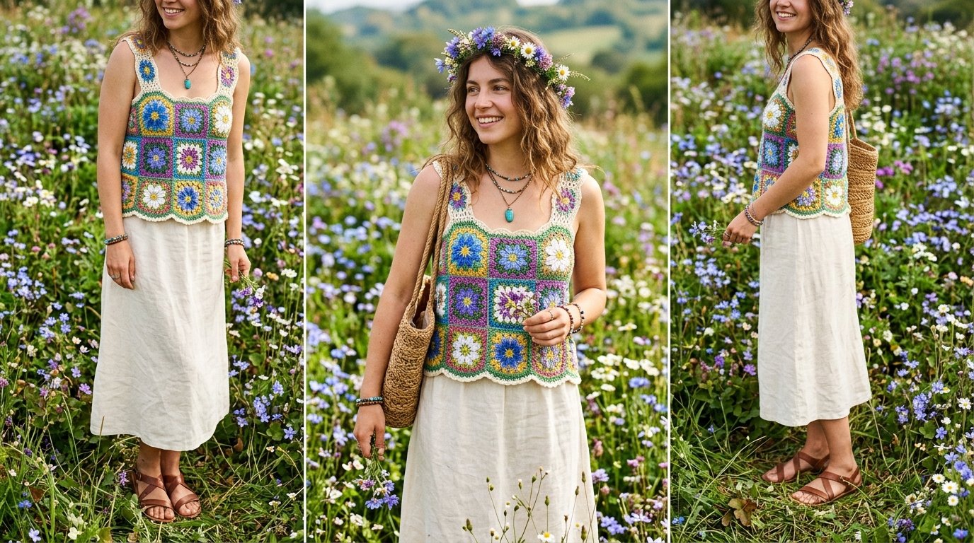Woman wearing crochet top flower… 202606191628