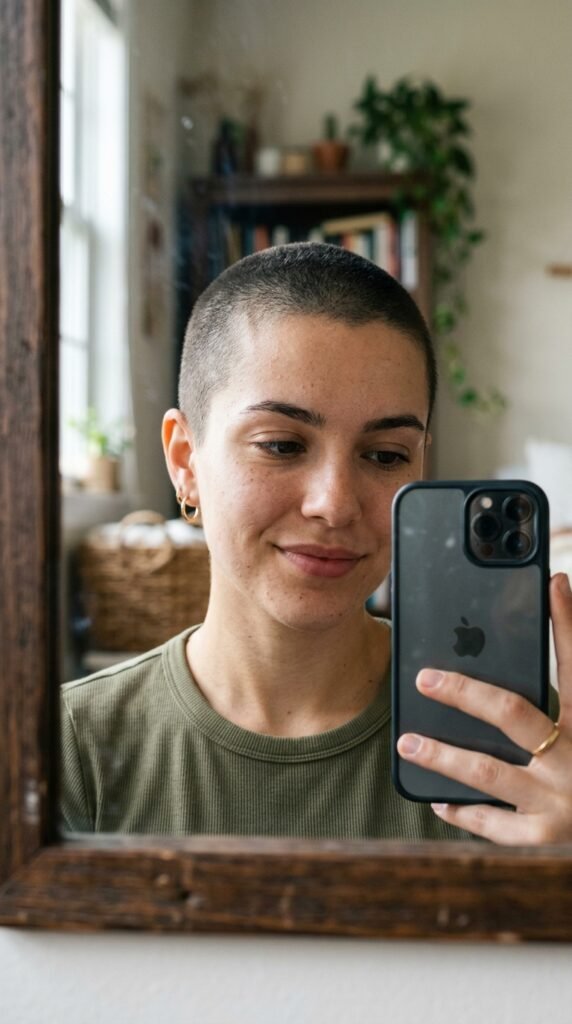 12 Buzz Cut Hairstyles Women Are Loving Right Now 13 Woman with buzz cut selfie 202606202302