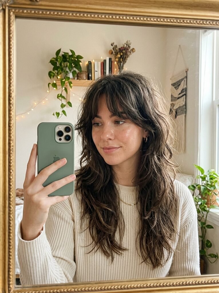 7 Mullet Wolf Cut Ideas for Women That Are Trending Right Now 5 Woman with wolf cut selfie 202606202356