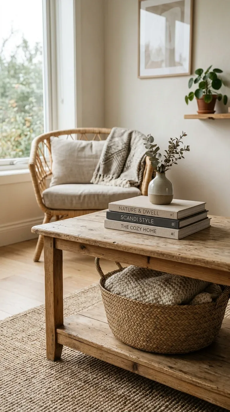 An asymmetrically styled coffee table with objects grouped to one side leaving open space