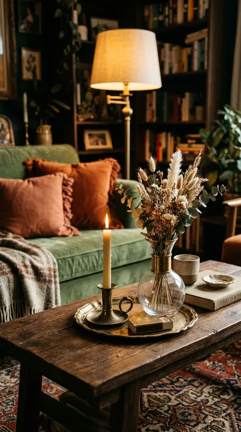 Coffee table decor with matching brass metal accents for a cohesive room finish