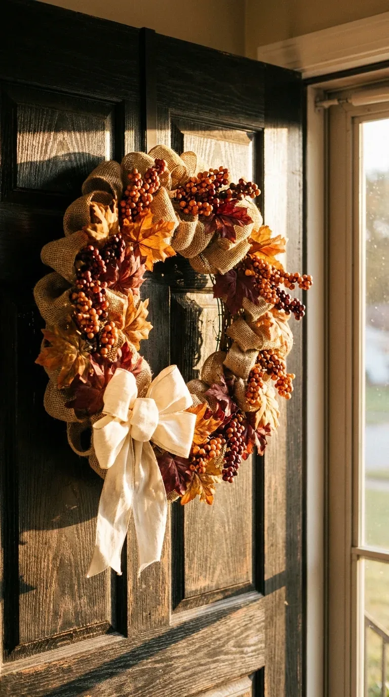 A handmade burlap fall wreath with rust berries and a ribbon bow on a wooden front door